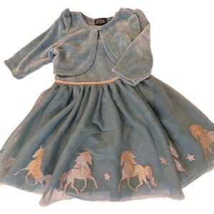 Lilt Brand Light Green Girls 3T Tulle Dress With Unicorns And Crop Sweater
